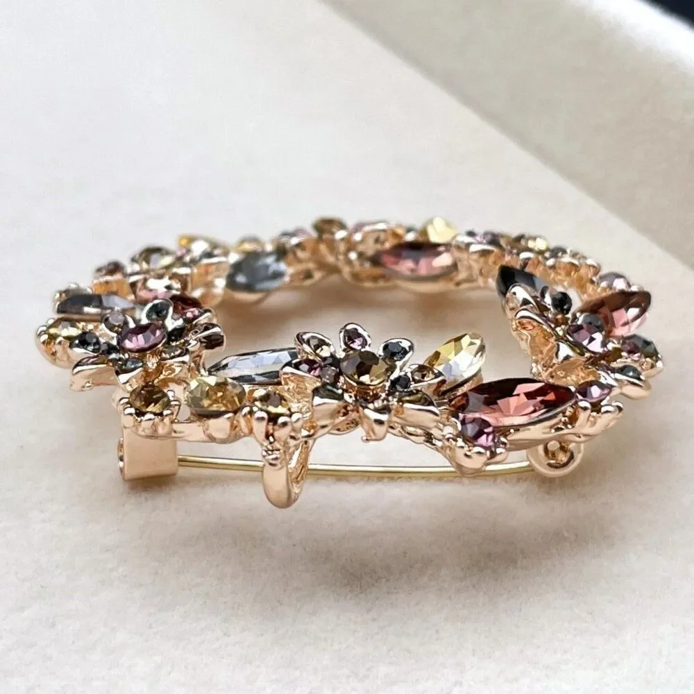Rose Gold with Multicolored Crystal Floral Flower Leaf Wreath Pin Back Brooch